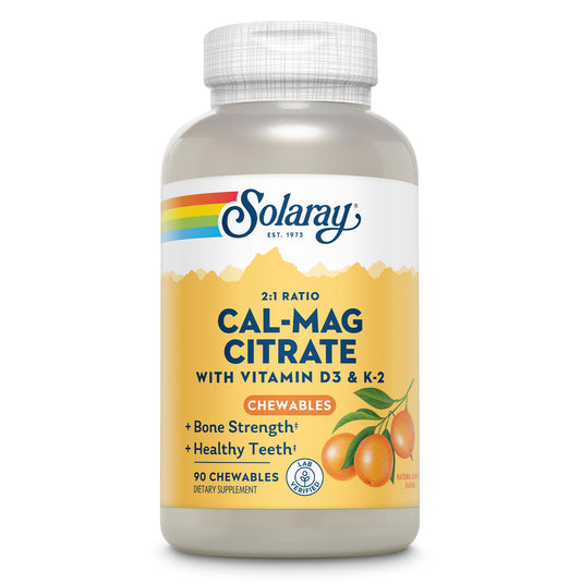 Bottle of Solaray Cal-Mag Citrate Plus D-3 & K-2 Orange Chewables - 90 Count