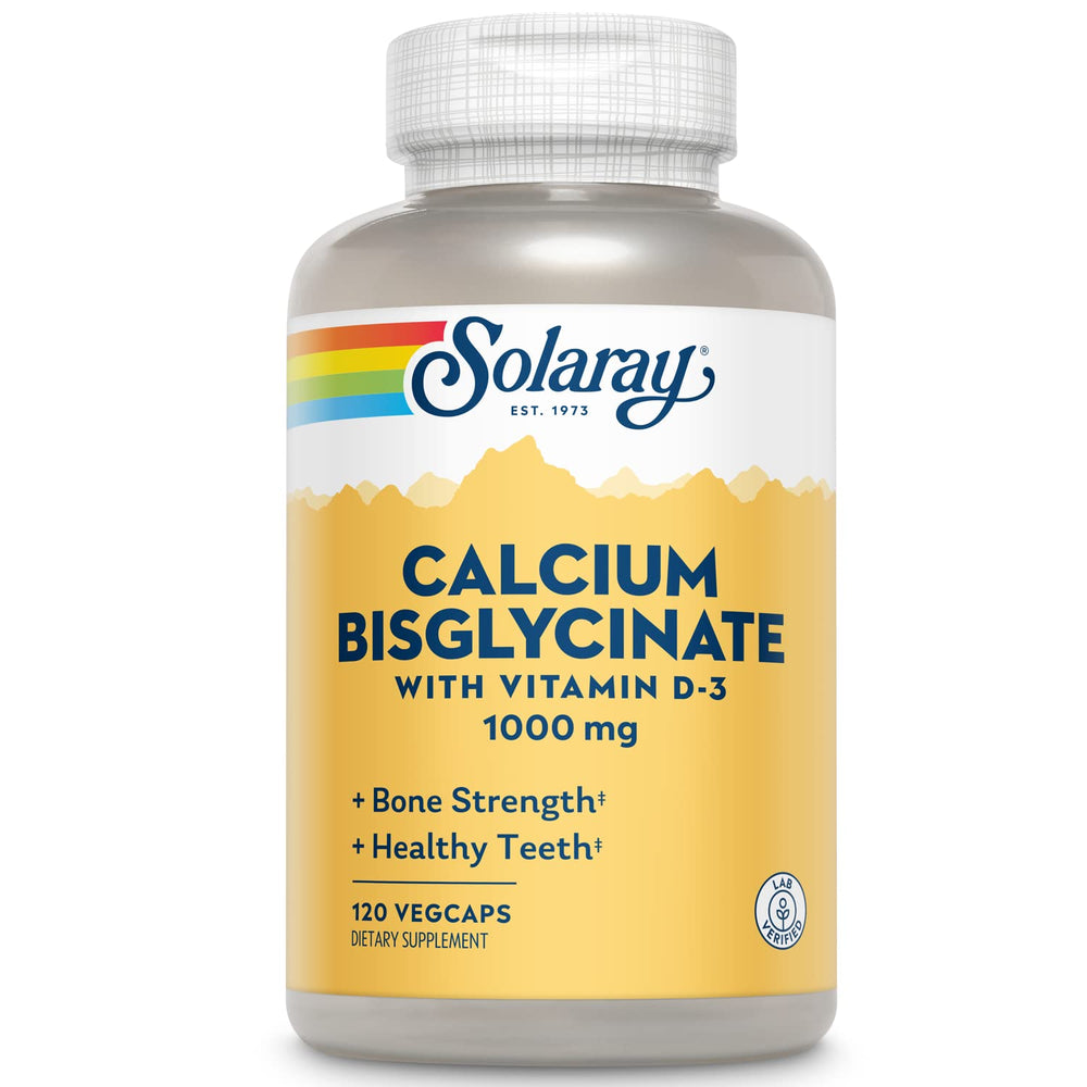 Front view of Solaray Calcium Bisglycinate 1000mg with Vitamin D-3 bottle and label