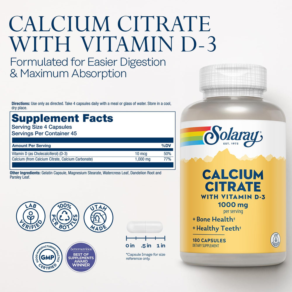 Label for Solaray Calcium Citrate 1000mg with Vitamin D3