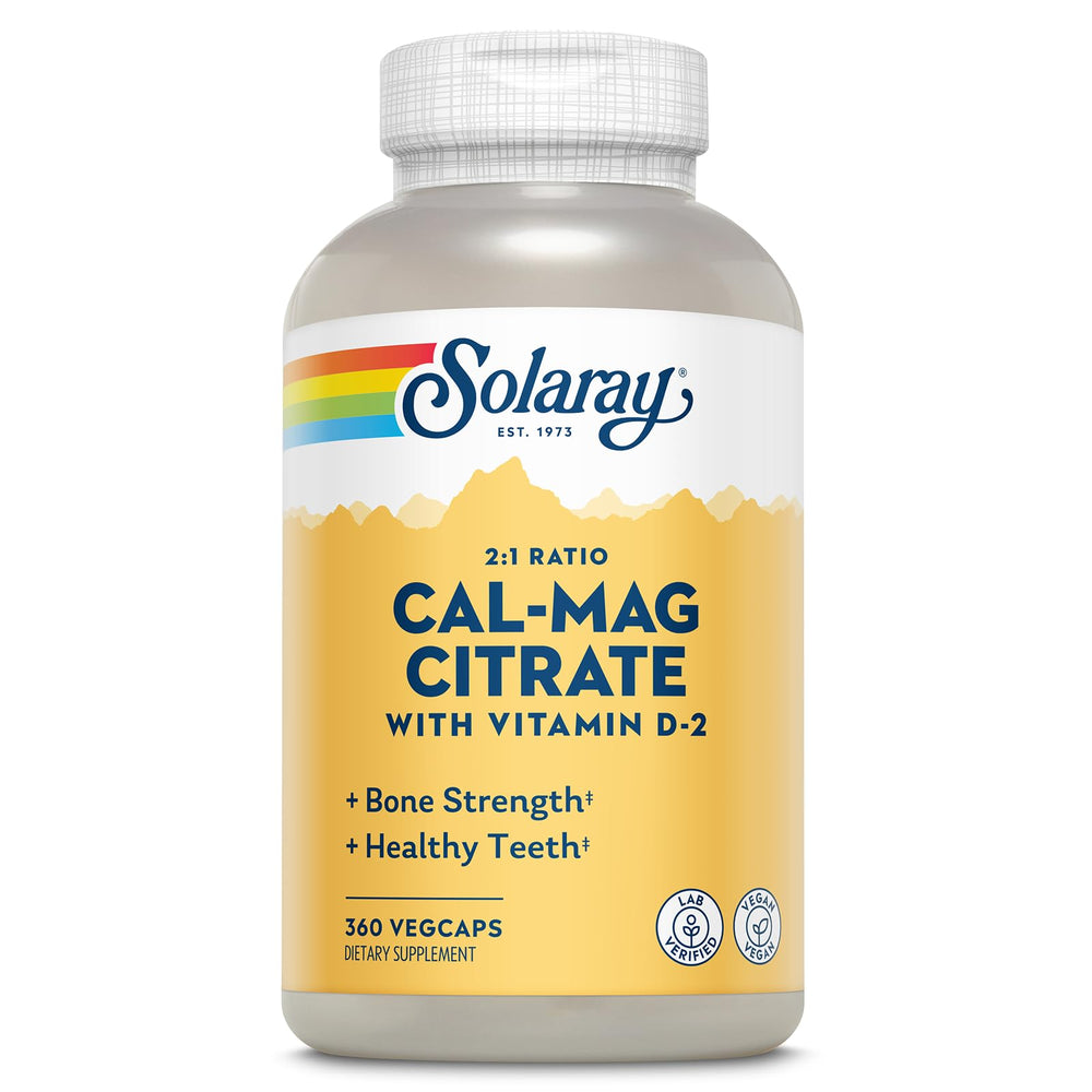 Bottle of Solaray Calcium Magnesium Citrate 2:1 with Vitamin D2 for bone health and nervous system support