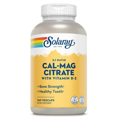 Bottle of Solaray Calcium Magnesium Citrate 2:1 with Vitamin D2 for bone health and nervous system support