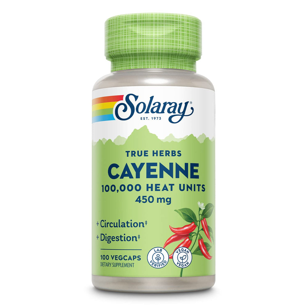 Bottle of SOLARAY Cayenne Pepper 450 mg – front label