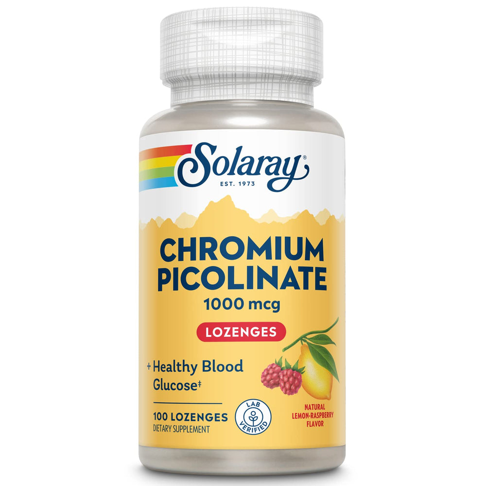 Close-up of Solaray Chromium Picolinate Lozenges in sugar-free fruit flavor, 1000 mcg