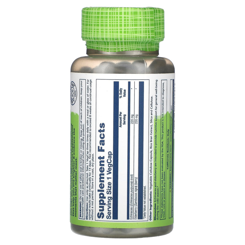 Close-up of SOLARAY Echinacea and Elderberry Capsules bottle label
