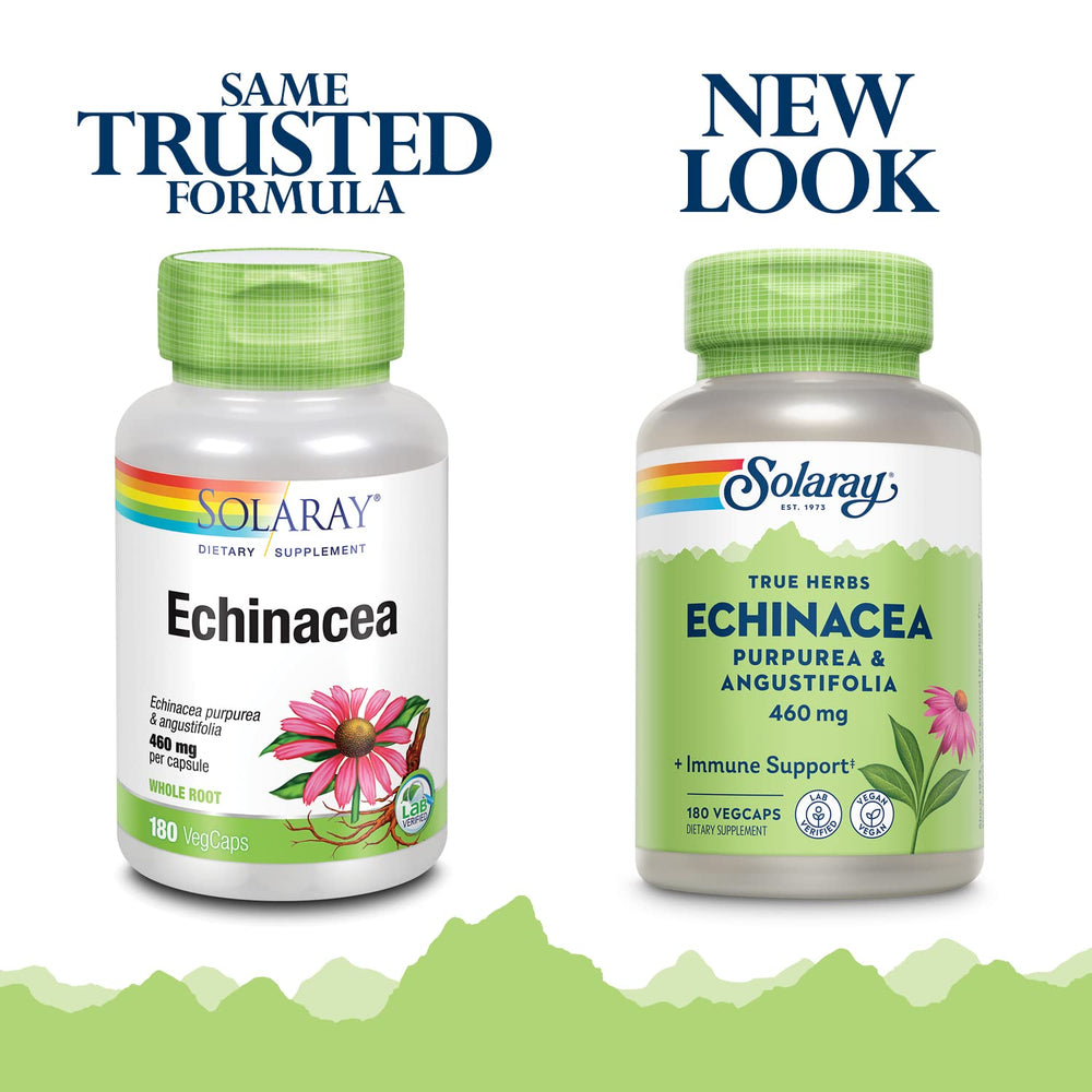 Close-up of product label highlighting Echinacea Purpurea & Angustifolia Root 460 mg