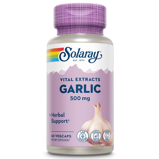 Solaray Garlic Supplement bottle displaying 500mg odorless enteric-coated VegCaps