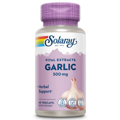 Solaray Garlic Supplement bottle displaying 500mg odorless enteric-coated VegCaps