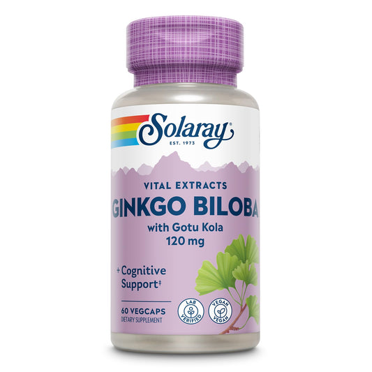 SOLARAY Ginkgo Biloba Extract with Gotu Kola bottle and capsules
