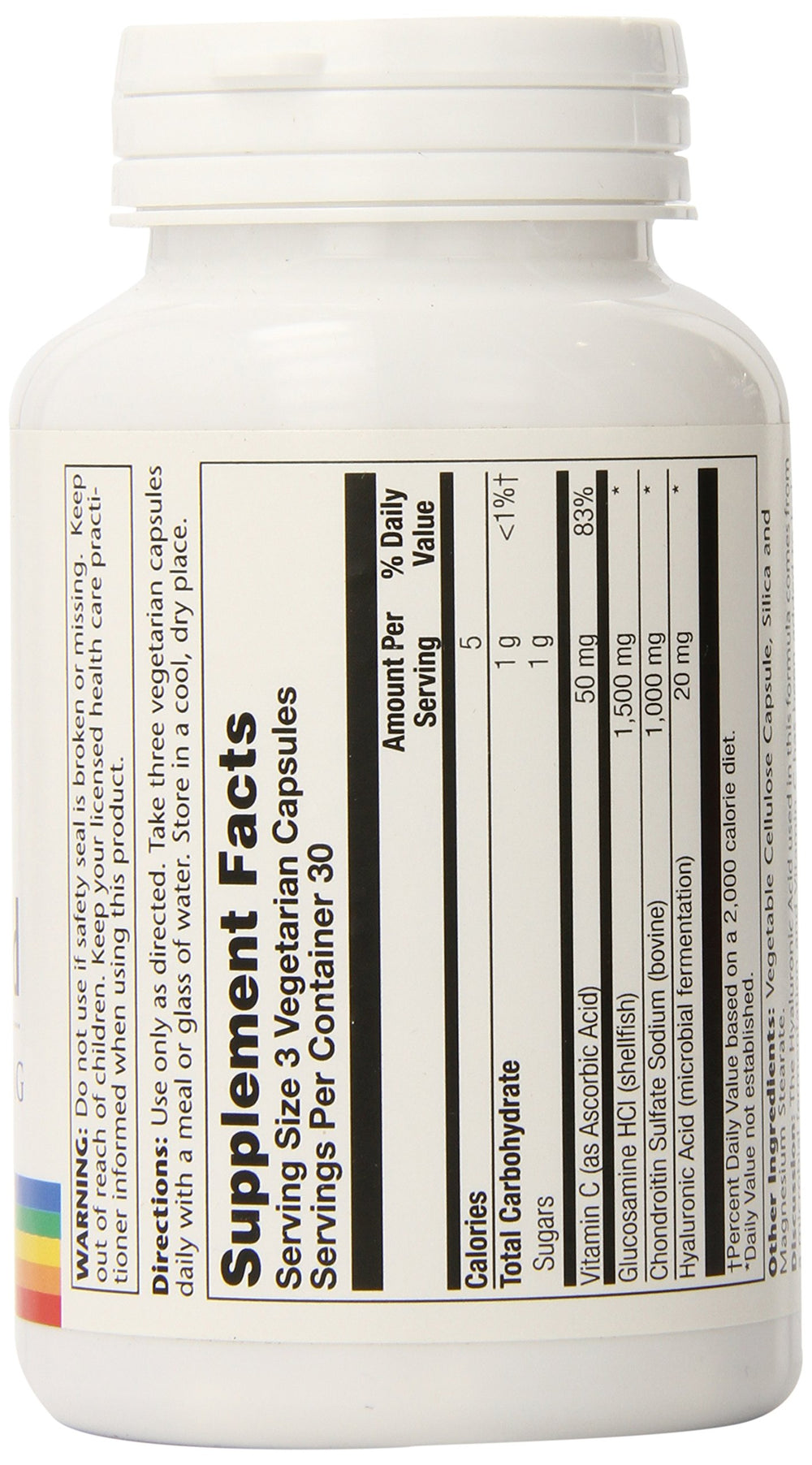 SOLARAY label details highlight glucosamine, chondroitin, and hyaluronic acid blend