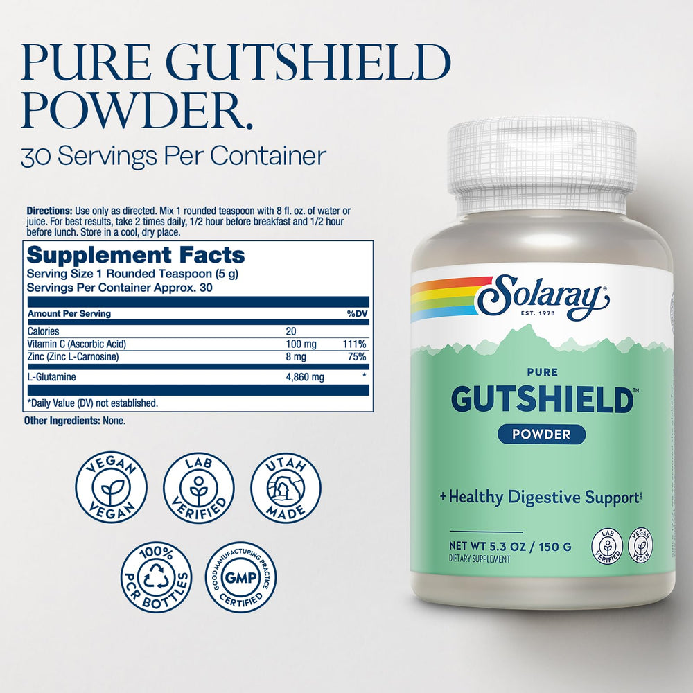 Label close-up showing ingredients of SOLARAY Gutshield Powder
