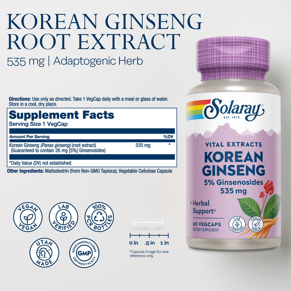 Back label with supplement facts for SOLARAY Korean Ginseng Root Extract