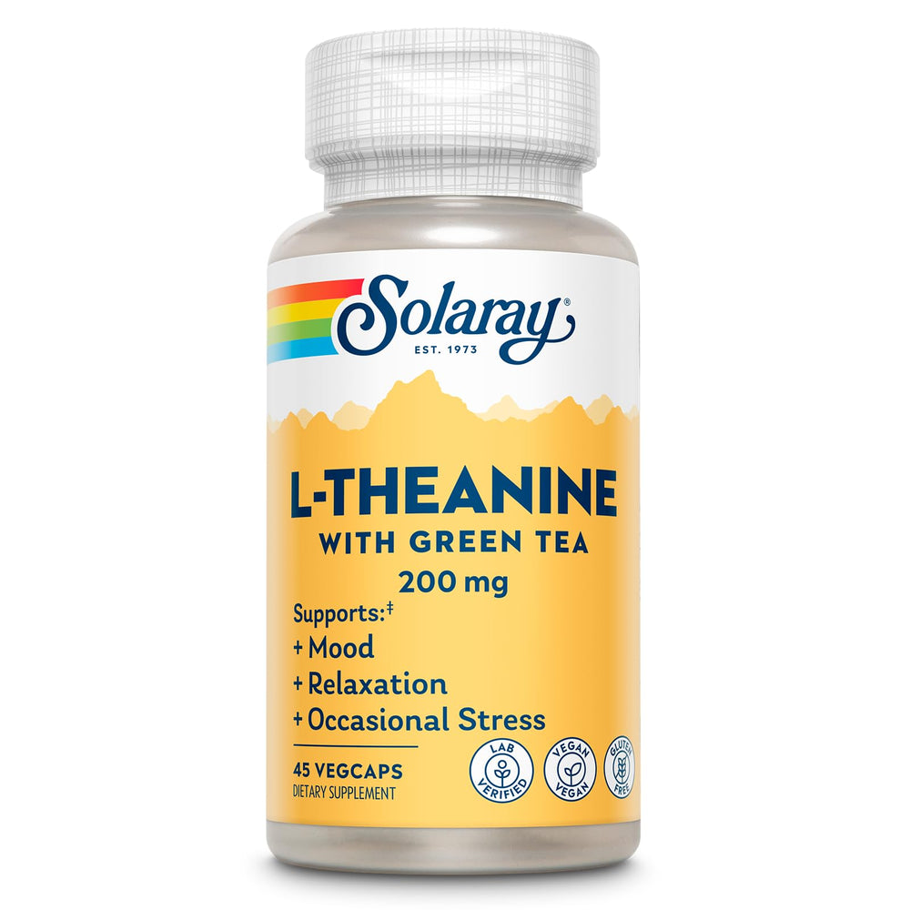 Bottle label for SOLARAY L-Theanine 200mg with Green Tea