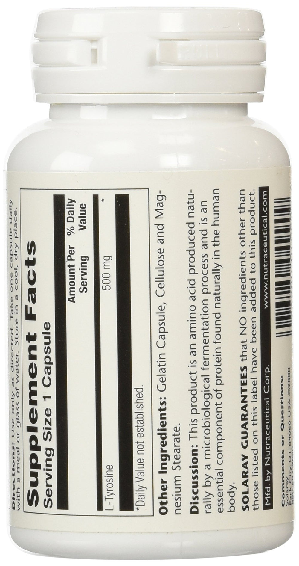 Nutrition facts label close-up – Solaray L-Tyrosine 500 mg Veg Cap