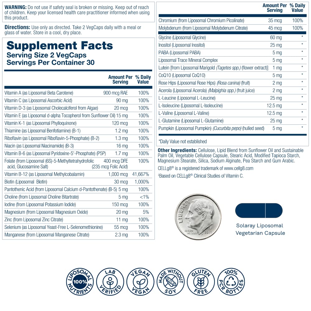 Front view of multivitamin bottle highlighting immune support and energy