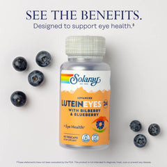 SOLARAY lutein eyes blend image showcases plant-based nutrients like spinach and blueberry