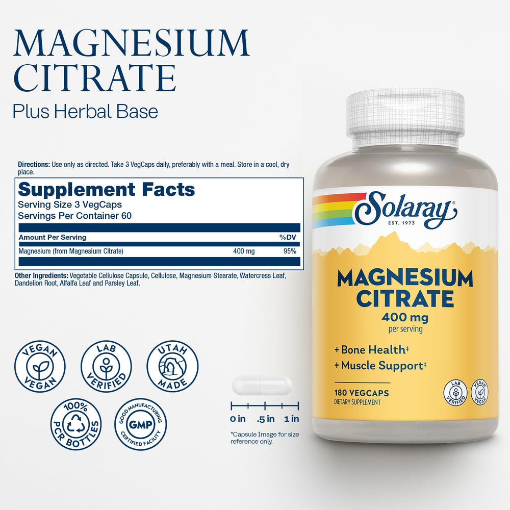Solaray Magnesium Citrate 400mg capsules displayed on a neutral surface