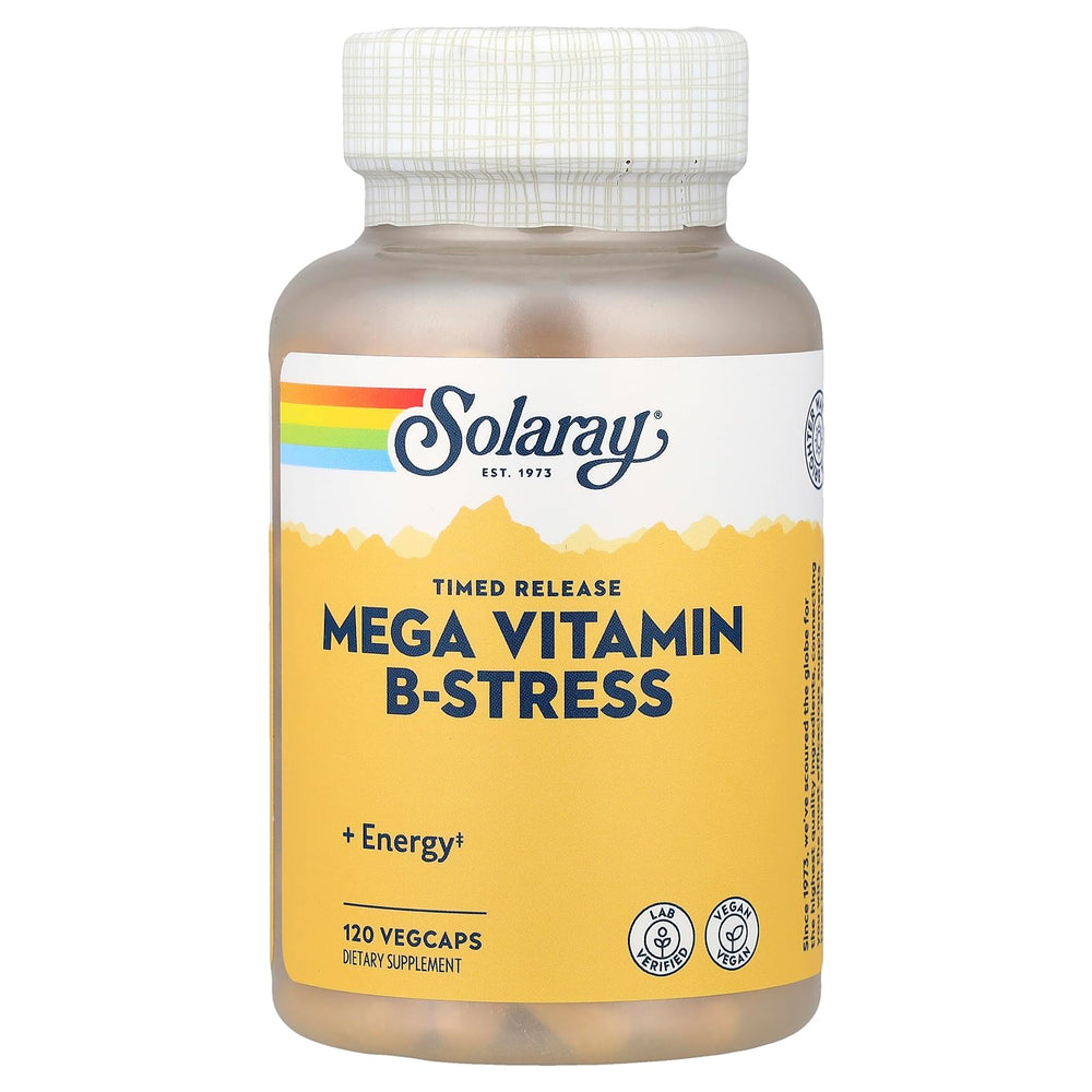 Solaray Mega B Stress Two-Stage Timed Release supplement bottle label