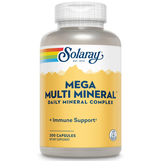 Bottle of Solaray Mega Multi Mineral with 200 capsules - front view
