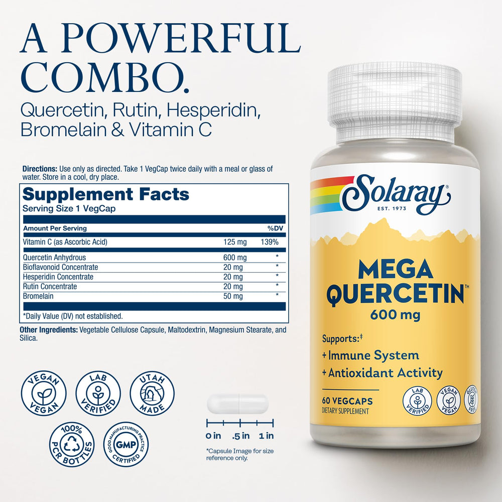 Close-up of Mega Quercetin bottle label showing 600 mg quercetin