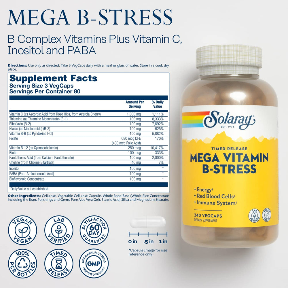 Close-up of SOLARAY Vitamin B-Stress label showing B vitamins and Vitamin C