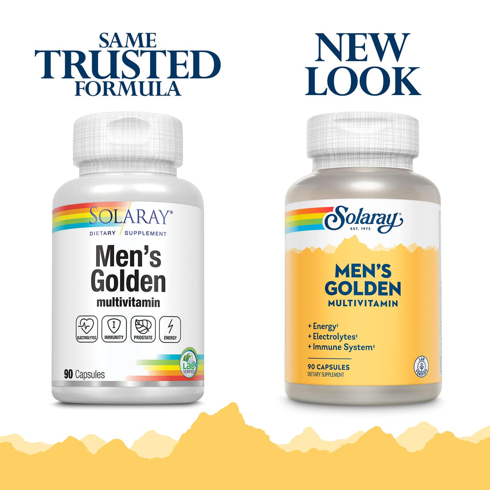 Close-up of SOLARAY Men's Golden Multi-Vitamin Capsules