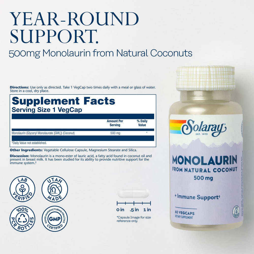 Monolaurin capsules spilled next to bottle