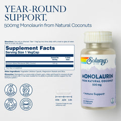 Monolaurin capsules spilled next to bottle