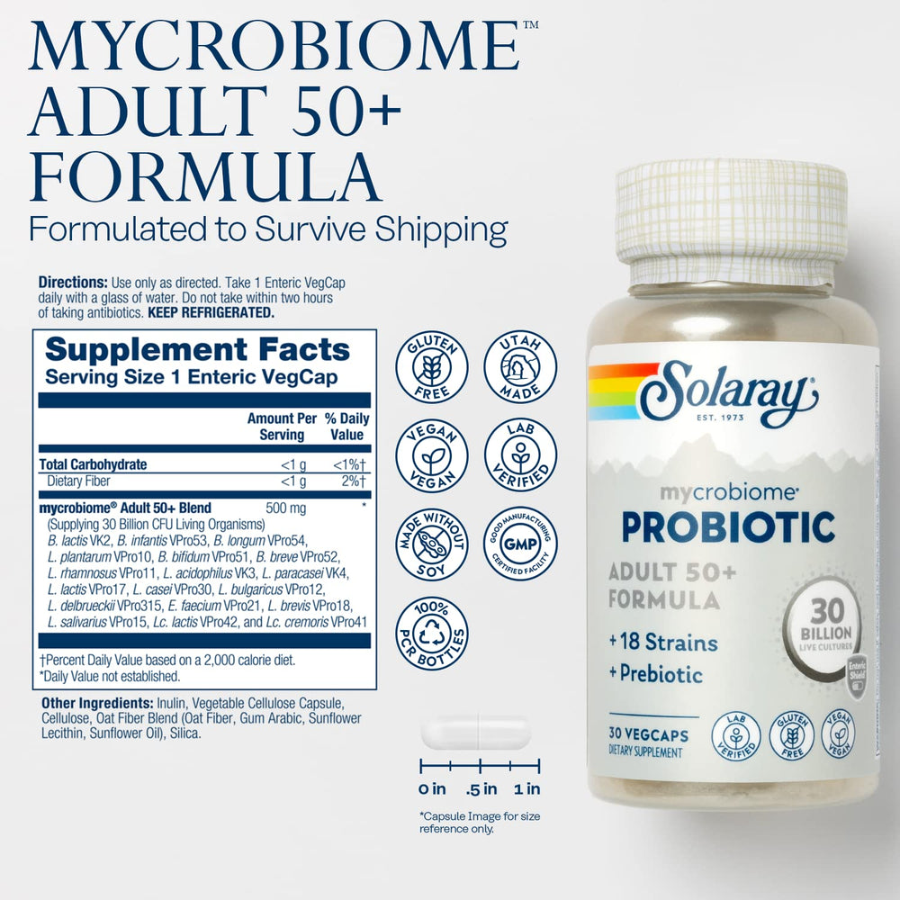Close-up of SOLARAY Mycrobiome Probiotic VegCaps capsules