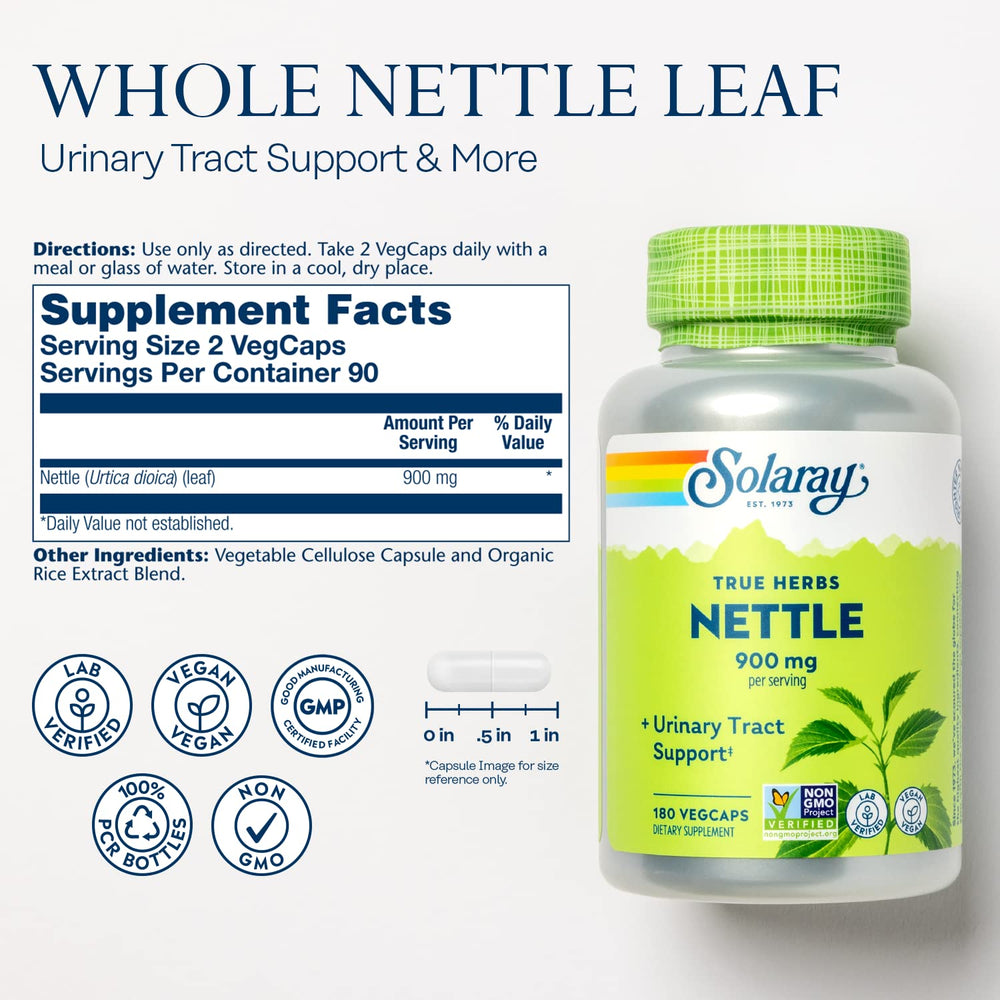 Herbal supplement bottle on white background with nettle leaves