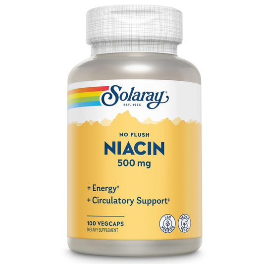 SOLARAY No-Flush Niacin 500mg bottle on a clean white background