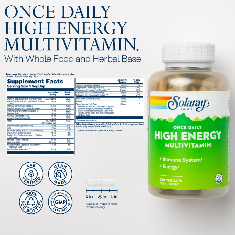 Close-up of Solaray High Energy Multivitamin label highlighting Vitamin C, D and E
