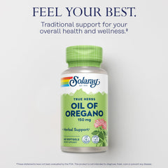 Ingredients panel showing oregano oil and extra virgin olive oil base