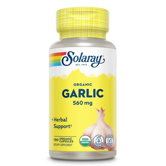 Solaray Organic Garlic Pills bottle with 560 mg garlic capsules