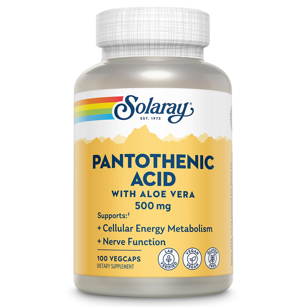 Front view of SOLARAY Pantothenic Acid 500mg VegCap bottle