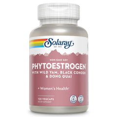 SOLARAY PhytoEstrogen bottle front shows vegan capsules for menopause support.