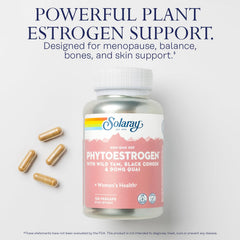 SOLARAY PhytoEstrogen lab label confirms GMP testing for quality.