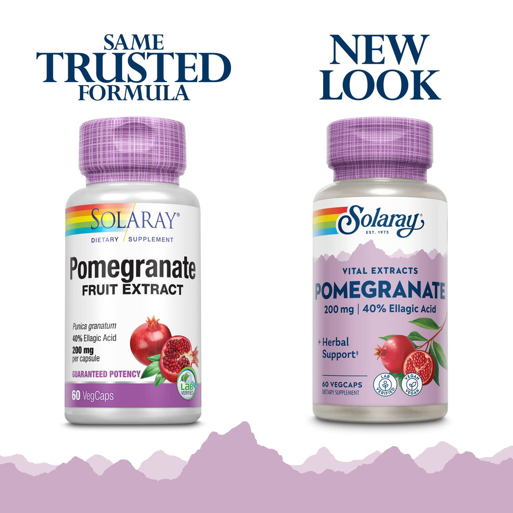 Close-up of Solaray Pomegranate Extract 200 mg supplement bottle with label