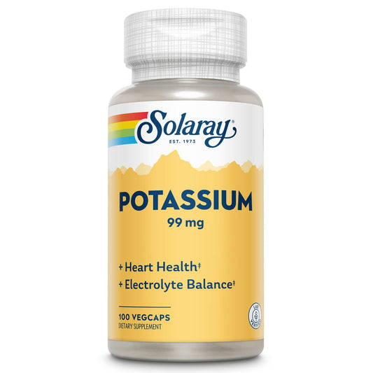Solaray Potassium 99 mg bottle label featuring 100 VegCaps