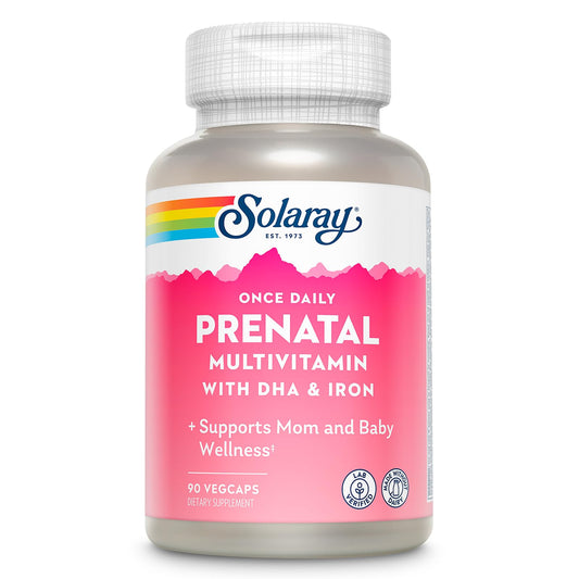 Bottle of Solaray Once Daily Prenatal Multivitamin with DHA & Iron, 90 VegCaps