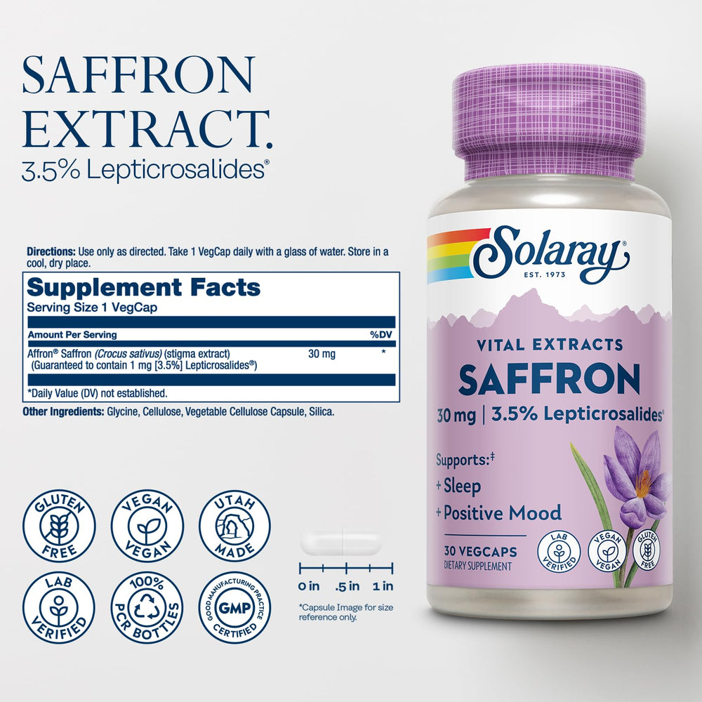 Close-up side view of SOLARAY saffron extract bottle