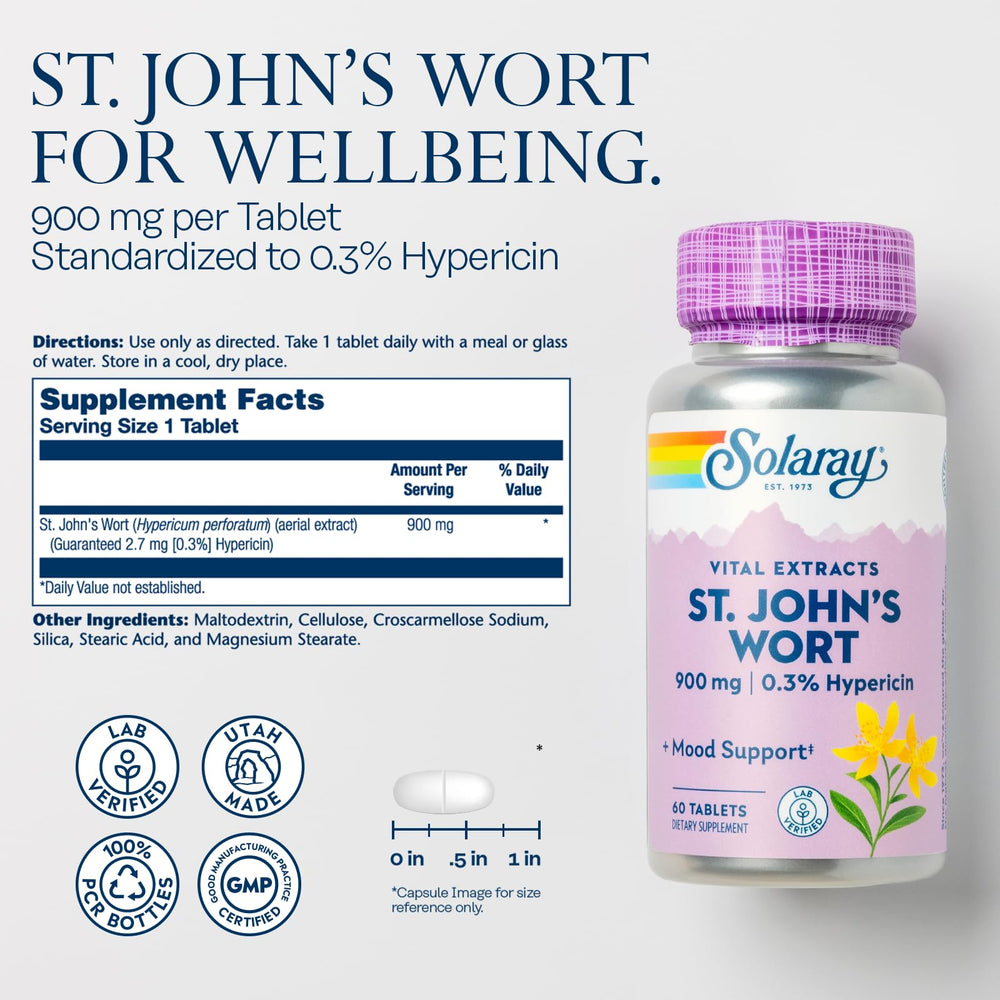 Close-up of SOLARAY St. John's Wort 900mg tablets