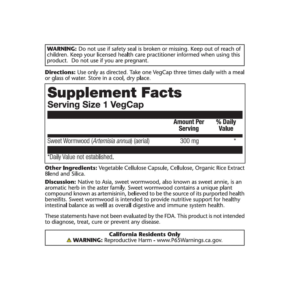 Packaging and bottle of SOLARAY Sweet Wormwood Aerial Veg Cap 300 mg 100 count