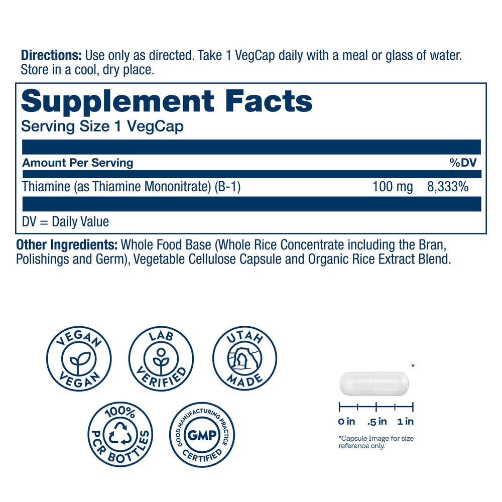 Close-up of Vitamin B1 100mg Thiamine label