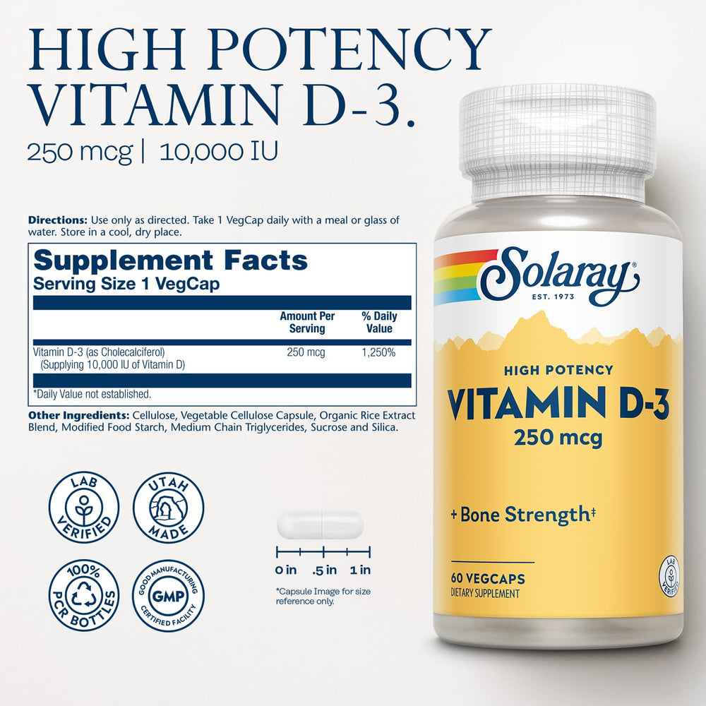 Close-up of SOLARAY Vitamin D3 60 VegCaps bottle