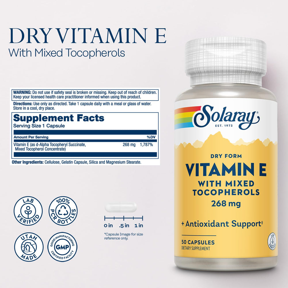 Close-up of Vitamin E dry form capsules