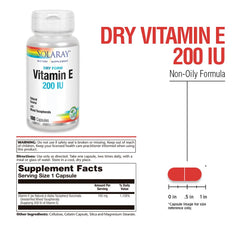 Close-up of SOLARAY Vitamin E Dry 200 IU 100-count bottle label