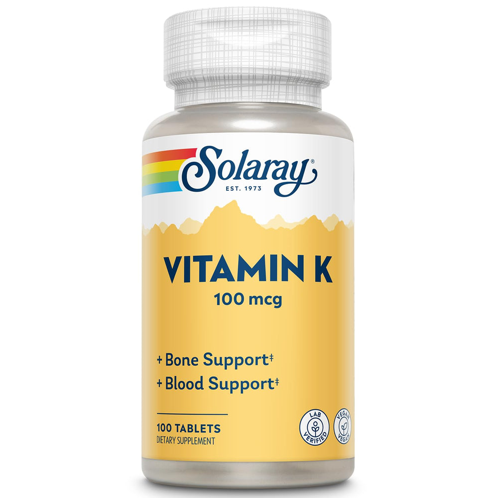 Bottle of SOLARAY Vitamin K-1 100mcg vegan non-GMO supplement, 100 tablets