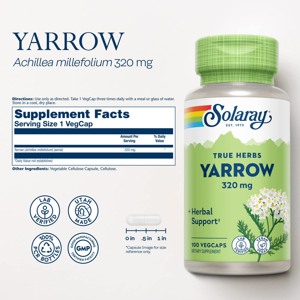 Yarrow 320mg supplement label with Achillea millefolium