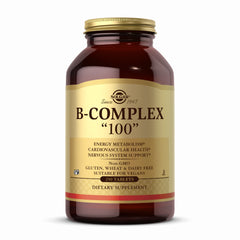 Solgar B-Complex 100 bottle front suggests daily energy metabolism support.