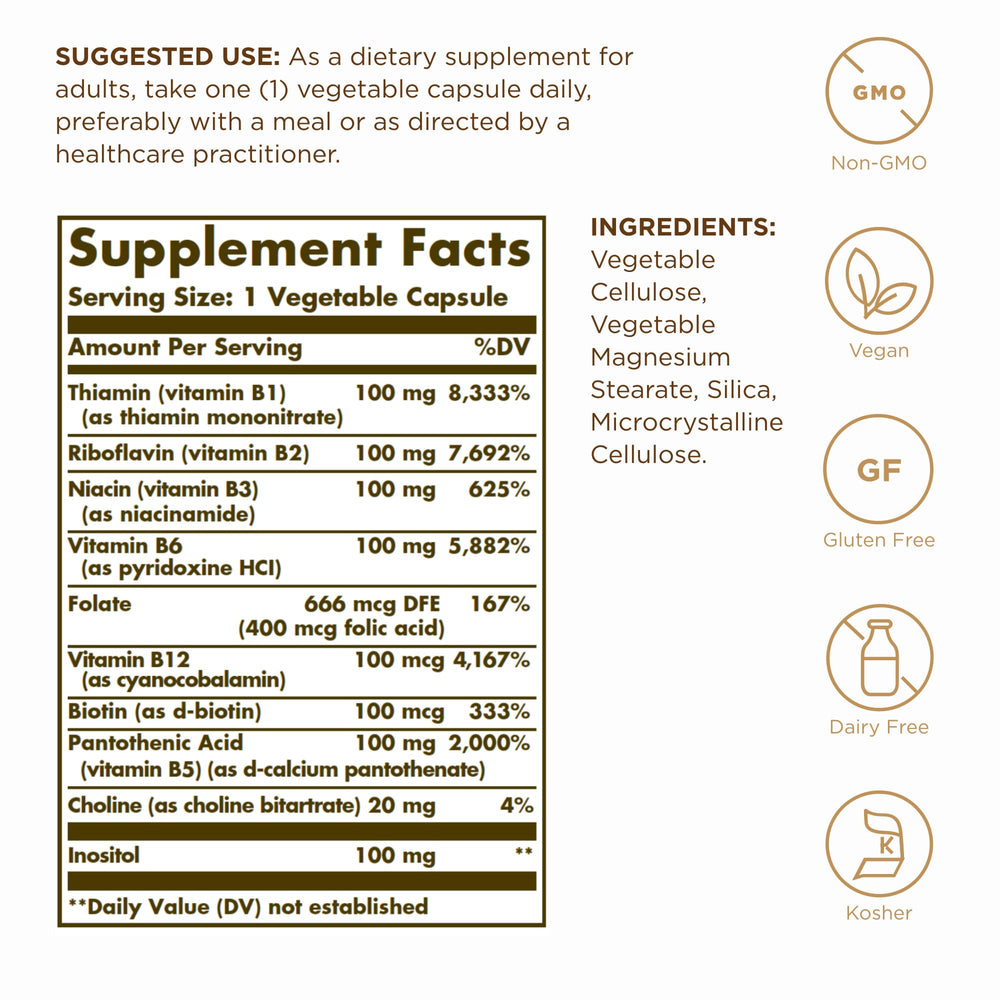 Nutrition facts label on Solgar B-Complex 100